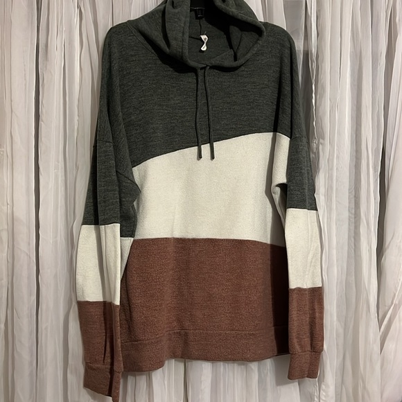 Pullover Hoodie Sweater By Beeson River/Brown Cream & Army Green Stripes size - Picture 11 of 11